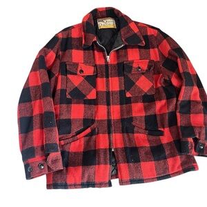 Vintage 70s Montgomery Ward Jacket Mens Size M/L Red Buffalo Plaid Wool Hunting
